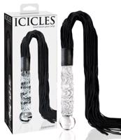 Icicles No. 38 - skleněné dildo s koženým bičíkem (průhledné-černé)