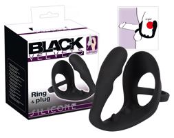 You2Toys Black Velvet Ring&amp;Plug - krúžok na penis a semenníky s análnym dildom (čierny)